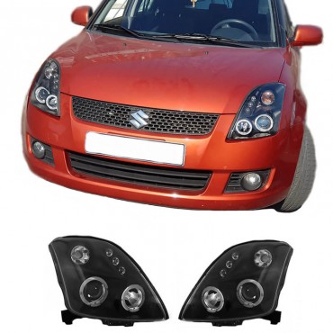 Μπροστινά Φανάρια Set Για Suzuki Swift 05-10 Angel Eyes & Led Μαύρα H1/H1 Manual JunYan