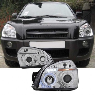 Μπροστινά Φανάρια Set Για Hyundai Tucson 04-10 Angel Eyes & Led Χρωμίου H1/H1 JunYan