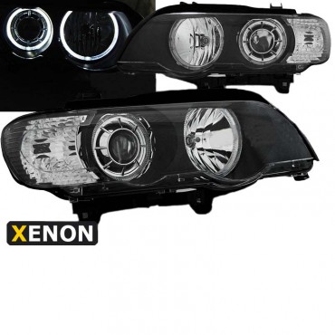 Μπροστινά Φανάρια Set Για Bmw X5 E53 99-03 Led Angel Eyes & Led Φλας Μαύρα Xenon D2S/H7 Με Μοτέρ Depo