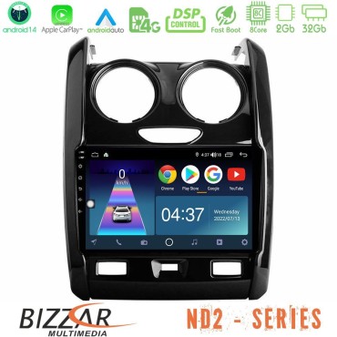 Bizzar ND2 Series 8Core Android14 2+32GB  Dacia Duster 2014-2018 Navigation Multimedia Tablet 9" Με Carplay &amp; Android Auto