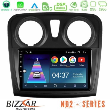 Bizzar ND2 Series 8Core Android14 2+32GB     Dacia Dokker 2014-2021 Navigation Multimedia Tablet 9"  Με Carplay &amp; Android Auto