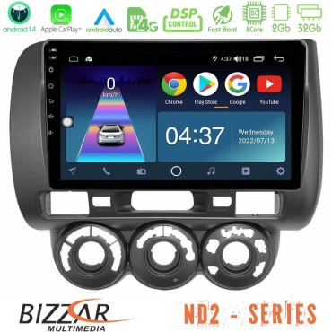 Bizzar ND2 Series 8Core Android14 2+32GB  Honda Jazz 2002-2008 (Manual A/C) Navigation Multimedia Tablet 9" Με Carplay &amp; Android Auto