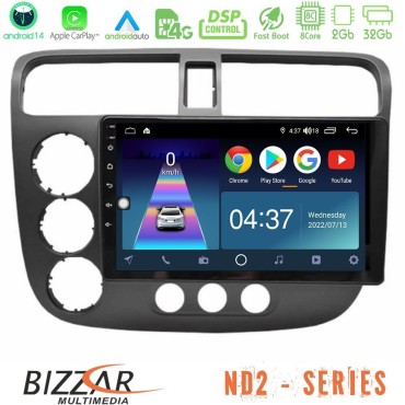 Bizzar ND2 Series 8Core Android14 2+32GB  Honda Civic 2001-2005 Navigation Multimedia Tablet 9" Με Carplay &amp; Android Auto