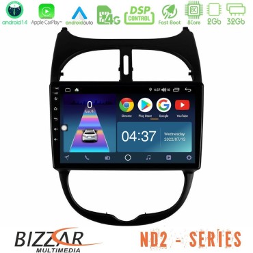 Bizzar ND2 Series 8Core Android14 2+32GB  Peugeot 206 Navigation Multimedia Tablet 9" Με Carplay &amp; Android Auto