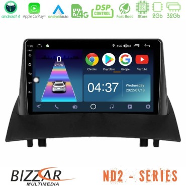 Bizzar ND2 Series 8Core Android14 2+32GB  Renault Megane 2 2002-2008 Navigation Multimedia Tablet 9" Με Carplay &amp; Android Auto