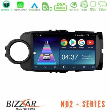 Bizzar ND2 Series 8Core Android14 2+32GB  Toyota Yaris Navigation Multimedia Tablet 9" (Μαύρο Χρώμα) Με Carplay &amp; Android Auto