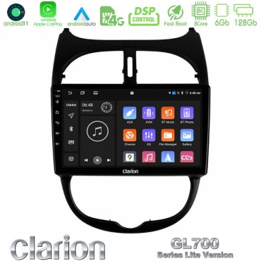 Clarion GL700 Lite Series 8Core Android11 6+128GB Peugeot 206 Navigation Multimedia Tablet 9" Με Carplay &amp; Android Auto