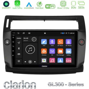 Clarion GL300 Series 4Core Android11 2+32GB Citroen C4 2004-2010 Navigation Multimedia Tablet 9" (μαύρο χρώμα) Με Carplay &amp; Android Auto