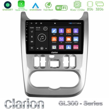 Clarion GL300 Series 4Core Android11 2+32GB Dacia Duster/Sandero/Logan Navigation Multimedia Tablet 9" Με Carplay &amp; Android Auto
