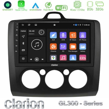 Clarion GL300 Series 4Core Android11 2+32GB Ford Focus Manual AC Navigation Multimedia Tablet 9" (Μαύρο Χρώμα) Με Carplay &amp; Android Auto