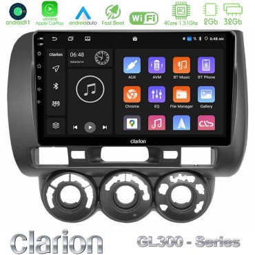 Clarion GL300 Series 4Core Android11 2+32GB Honda Jazz 2002-2008 (Manual A/C) Navigation Multimedia Tablet 9" Με Carplay &amp; Android Auto