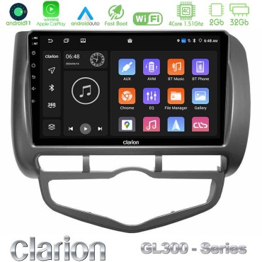 Clarion GL300 Series 4Core Android11 2+32GB Honda Jazz 2002-2008 (Auto A/C) Navigation Multimedia Tablet 9" Με Carplay &amp; Android Auto