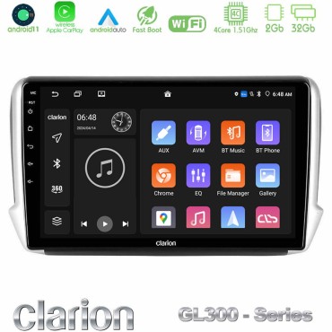 Clarion GL300 Series 4Core Android11 2+32GB Peugeot 208/2008 Navigation Multimedia Tablet 10" Με Carplay &amp; Android Auto