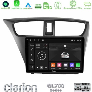 Clarion GL700 Series 8Core Android13 4+64GB Honda Civic Hatchback 2012-2015 Navigation Multimedia Tablet 9" Με Carplay &amp; Android Auto