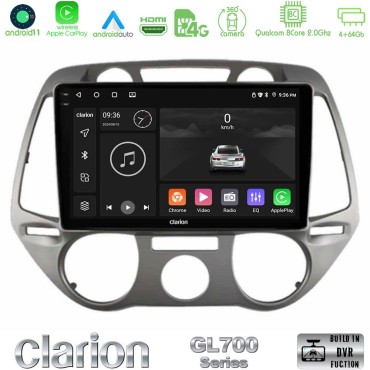 Clarion GL700 Series 8Core Android13 4+64GB Hyundai i20 2009-2012 Manual A/C Navigation Multimedia Tablet 9" Με Carplay &amp; Android Auto