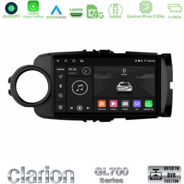 Clarion GL700 Series 8Core Android13 4+64GB Toyota Yaris Navigation Multimedia Tablet 9" (Μαύρο Χρώμα) Με Carplay &amp; Android Auto