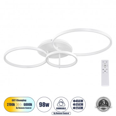 GloboStar® NEMESIS 61109 Φωτιστικό Οροφής Δαχτυλίδι-Κύκλος LED CCT 98W 11858lm 360° AC 220-240V - Εναλλαγή Φωτισμού μέσω Τηλεχειριστηρίου All In One Ψυχρό 6000k+Φυσικό 4500k+Θερμό 2700k Dimmable Φ25+35+45cm+BackLight - Λευκό - 3 Years Warra