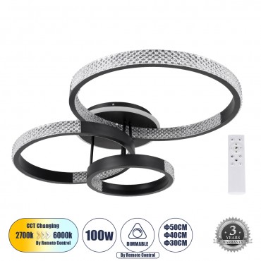GloboStar® DIAMOND 61114 Φωτιστικό Οροφής Δαχτυλίδι-Κύκλος LED CCT 100W 12123lm 360° AC 220-240V - Εναλλαγή Φωτισμού μέσω Τηλεχειριστηρίου All In One Ψυχρό 6000k+Φυσικό 4500k+Θερμό 2700k Dimmable Φ30+40+50cm+BackLight - Μαύρο - 3 Years Warr