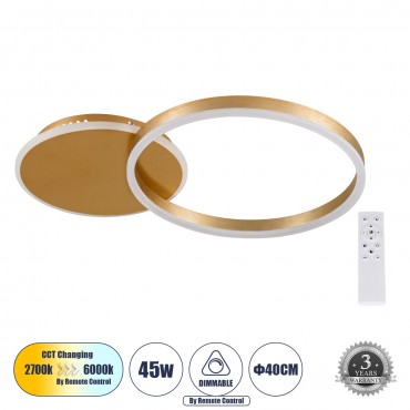 GloboStar® VENOM 61119 Φωτιστικό Οροφής Δαχτυλίδι-Κύκλος LED CCT 45W 5445lm 360° AC 220-240V - Εναλλαγή Φωτισμού μέσω Τηλεχειριστηρίου All In One Ψυχρό 6000k+Φυσικό 4500k+Θερμό 2700k Dimmable Φ40cm+BackLight - Χρυσό Βούρτσας - 3 Years Warra