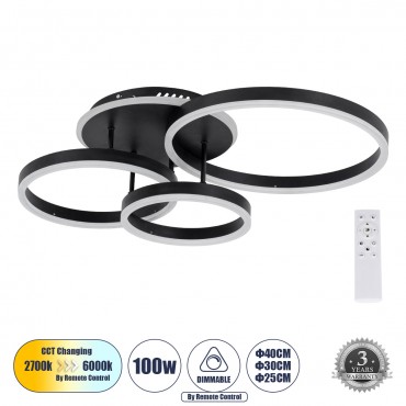 GloboStar® VENOM 61123 Φωτιστικό Οροφής Δαχτυλίδι-Κύκλος LED CCT 100W 12100lm 360° AC 220-240V - Εναλλαγή Φωτισμού μέσω Τηλεχειριστηρίου All In One Ψυχρό 6000k+Φυσικό 4500k+Θερμό 2700k Dimmable Φ25+30+40cm+BackLight - Μαύρο - 3 Years Warran