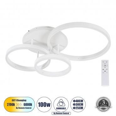 GloboStar® VENOM 61124 Φωτιστικό Οροφής Δαχτυλίδι-Κύκλος LED CCT 100W 12100lm 360° AC 220-240V - Εναλλαγή Φωτισμού μέσω Τηλεχειριστηρίου All In One Ψυχρό 6000k+Φυσικό 4500k+Θερμό 2700k Dimmable Φ25+30+40cm+BackLight - Λευκό - 3 Years Warran