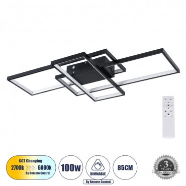 GLOBOSTAR® QUADRA 61385 Μοντέρνο Φωτιστικό Οροφής LED 100W 12000lm 120° AC 220-240V IP20 Ρυθμιζόμενο Λευκό CCT με Χειριστήριο από 2700K έως 6000K Dimmable - Lumileds SMD Chip - Μαύρο Ματ - Μ85 x Π45 x Υ9cm - 3 Χρόνια Εγγύηση