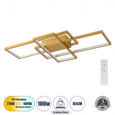 GLOBOSTAR® QUADRA 61387 Μοντέρνο Φωτιστικό Οροφής LED 100W 12000lm 120° AC 220-240V IP20 Ρυθμιζόμενο Λευκό CCT με Χειριστήριο από 2700K έως 6000K Dimmable - Lumileds SMD Chip - Χρυσό Βούρτσας - Μ85 x Π45 x Υ9cm - 3 Χρόνια Εγγύηση