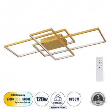 GLOBOSTAR® QUADRA 61390 Μοντέρνο Φωτιστικό Οροφής LED 120W 14400lm 120° AC 220-240V IP20 Ρυθμιζόμενο Λευκό CCT με Χειριστήριο από 2700K έως 6000K Dimmable - Lumileds SMD Chip - Χρυσό Βούρτσας - Μ105 x Π60 x Υ19cm - 3 Χρόνια Εγγύηση