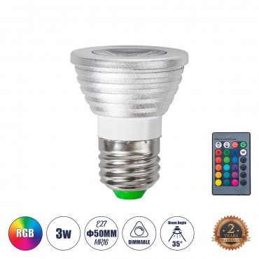 GloboStar® 76066 Σποτ LED E27 MR16 3W 200lm 90° AC 220-240V IP20 Φ5 x Υ8.5cm - Εναλλαγή Φωτισμού μέσω Τηλεχειριστηρίου RGB - Dimmable - 2 Χρόνια Εγγύηση