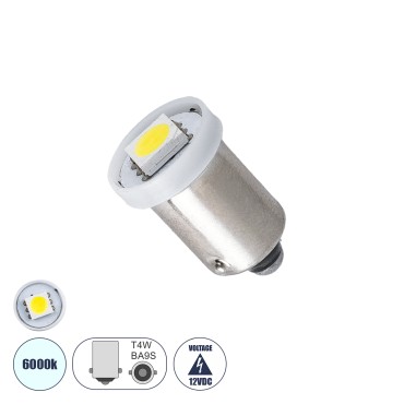 GLOBOSTAR® BA9S-T4W 81282 Λάμπα Ba9S T4W LED 0.3W 30lm 120° DC 12V IP20 Ψυχρό Λευκό 6000K - 1 x Epistar SMD5050 Chip - Μ1.1 x Π1.1 x Υ1.6cm - 1 Χρόνο Εγγύηση