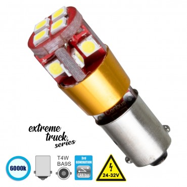 GloboStar® 81294 Λάμπα Φορτηγού BA9S - T4W 3rd Generation Can-Bus Extreme Truck Series LED 12 SMD 3030 6W 900lm 360° DC 24-32V IP20 Ψυχρό Λευκό 6000K